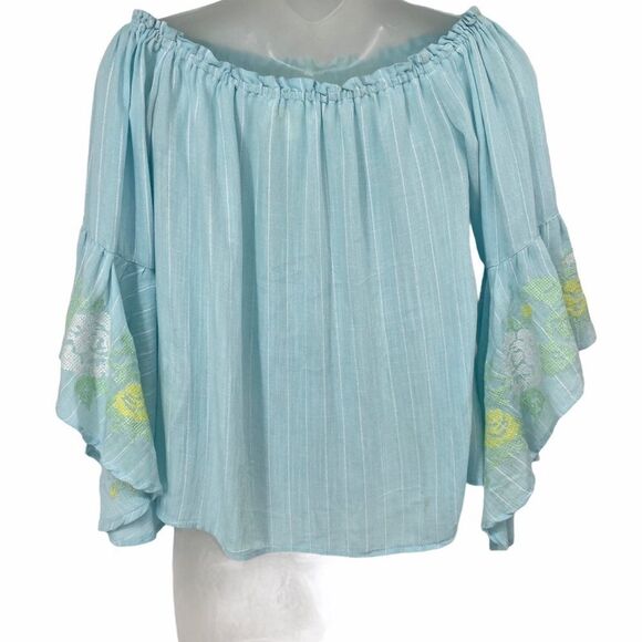 Miami‎ Turquoise Floral Embroidered Bell Sleeve Top - Picture 4 of 8